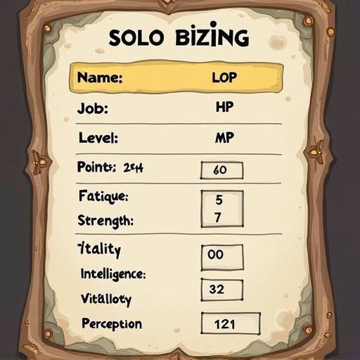 Create a character stat panel in the style of anime. Include sections for Name, Job, Level, Title, Fatigue, Points, HP, MP, Strength, Vitality, Agility, Intelligence, Perception with a designated area for number entry.