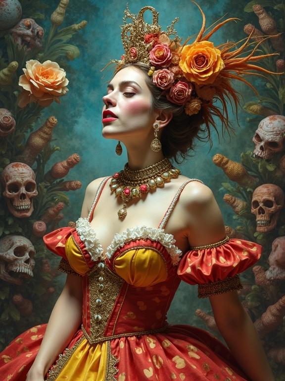 A vibrant depiction of Aphrodite reimagined as a female clown. The character merges Commedia dell'arte styles with grotesque surrealism. Background features skulls and roses. Theatrical expression enhances the dreamlike atmosphere.
