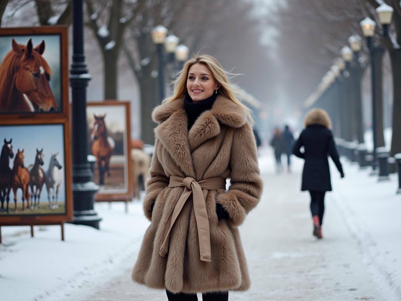 A woman stands on a snowy street, enjoying the sights in front of her. She is wearing a luxurious fur coat, which is elegantly tied at the waist, accentuating her silhouette. In the background, there is an art display showcasing various images of horses, capturing their beauty and grace. The street is lined with trees, bare of leaves, and lampposts provide a soft glow. A distant figure in a dark coat walks away, adding depth to the serene scene. The atmosphere feels calm and reflective, perfect for an afternoon stroll.