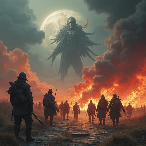 Depiction of Psyonic War. Soldiers face a ghostly figure against a fiery backdrop. Dark and intense atmosphere with mythological elements.