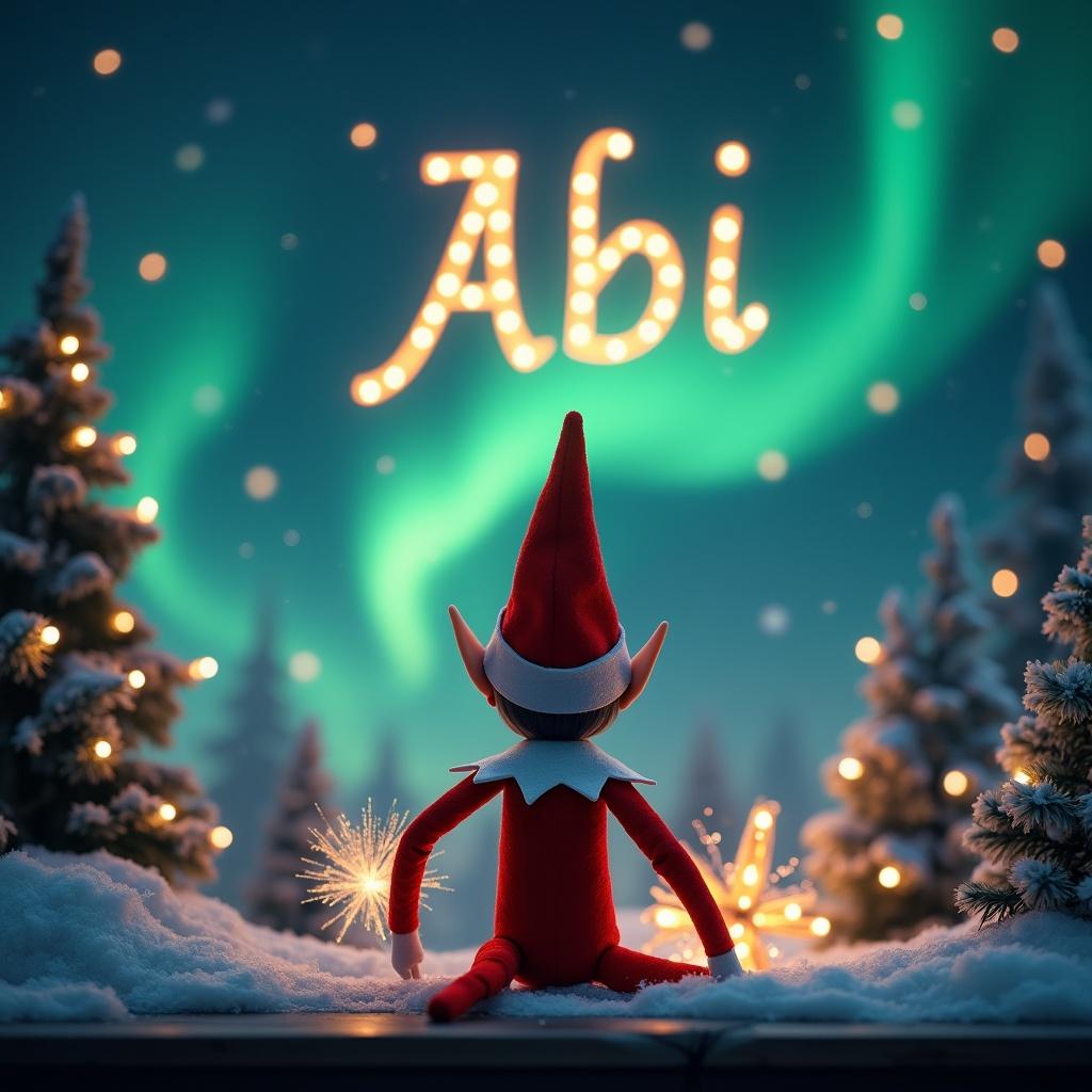 An enchanting Christmas scene with an elf facing the sky. Red and white outfit, holding a magic wand. The name 'Abi' glows in the sky. Northern lights create a magical ambiance.