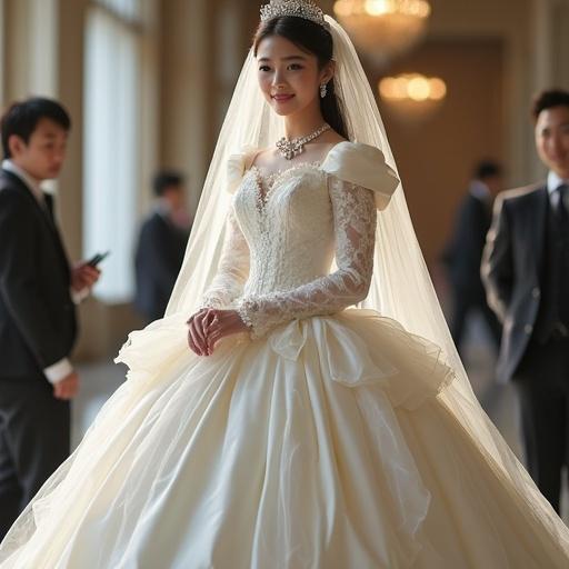 A girl in a large puffy princess wedding ball gown. The dress has long sleeves and a big bow. She is wearing a tiara and a veil. The scene is elegant and sophisticated. Soft light enhances her look.