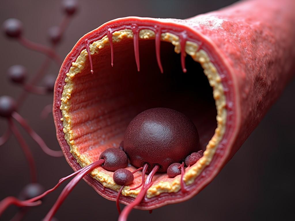 This image is a highly detailed 3D rendering depicting the interior of a blood vessel. It shows a cross-section revealing the vessel's structure, including the lining and surrounding tissues in vibrant reds and yellows. The focus is on a dark, almost spherical object within the vessel, resembling blood cells or a clot formation, highlighting biological complexity.