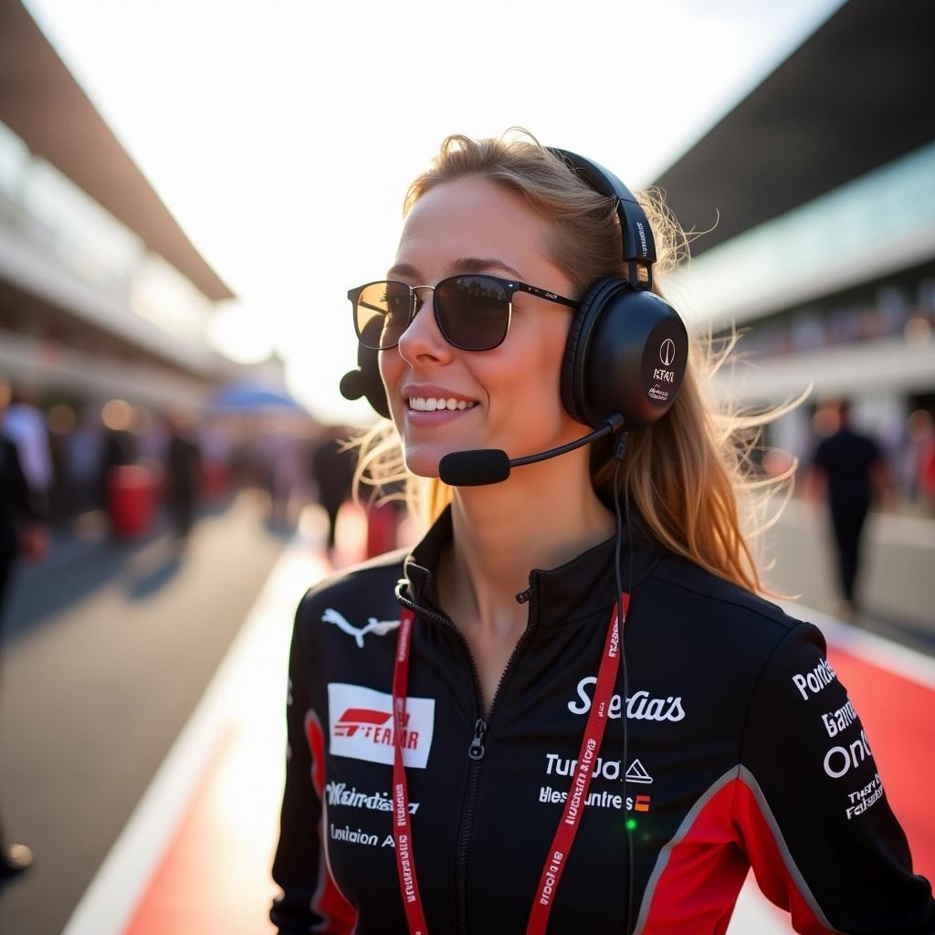 A woman as an F1 team principal on the race track with a headset on.