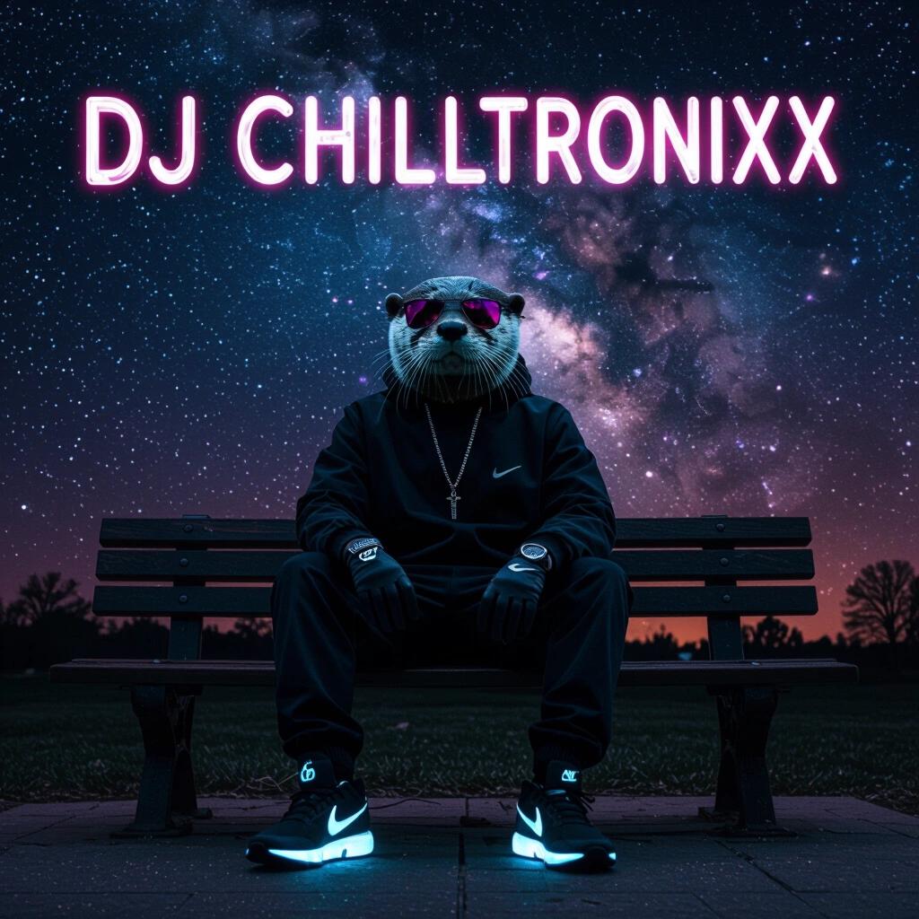 Only distant lights cast eerie shadows on the shot. Raw photo at night with a dark vibe. Gangster otter person in stylish clothes and gloves. Dressed in all black neon Nike Air runners and sunglasses. Casual pose on a park bench under a very dark nebula sky. A vast cosmic expanse. Artistic album cover with futuristic text DJ Chilltronixx.