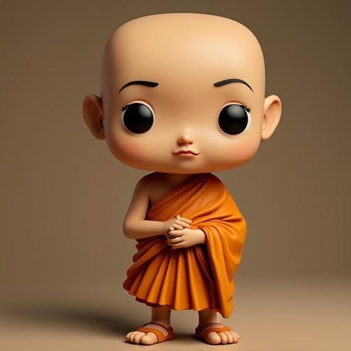 A vinyl figure representing a monk in traditional attire. The figure has an oversized head and simplistic facial features. The monk wears an orange robe and is in a serene pose with hands together.