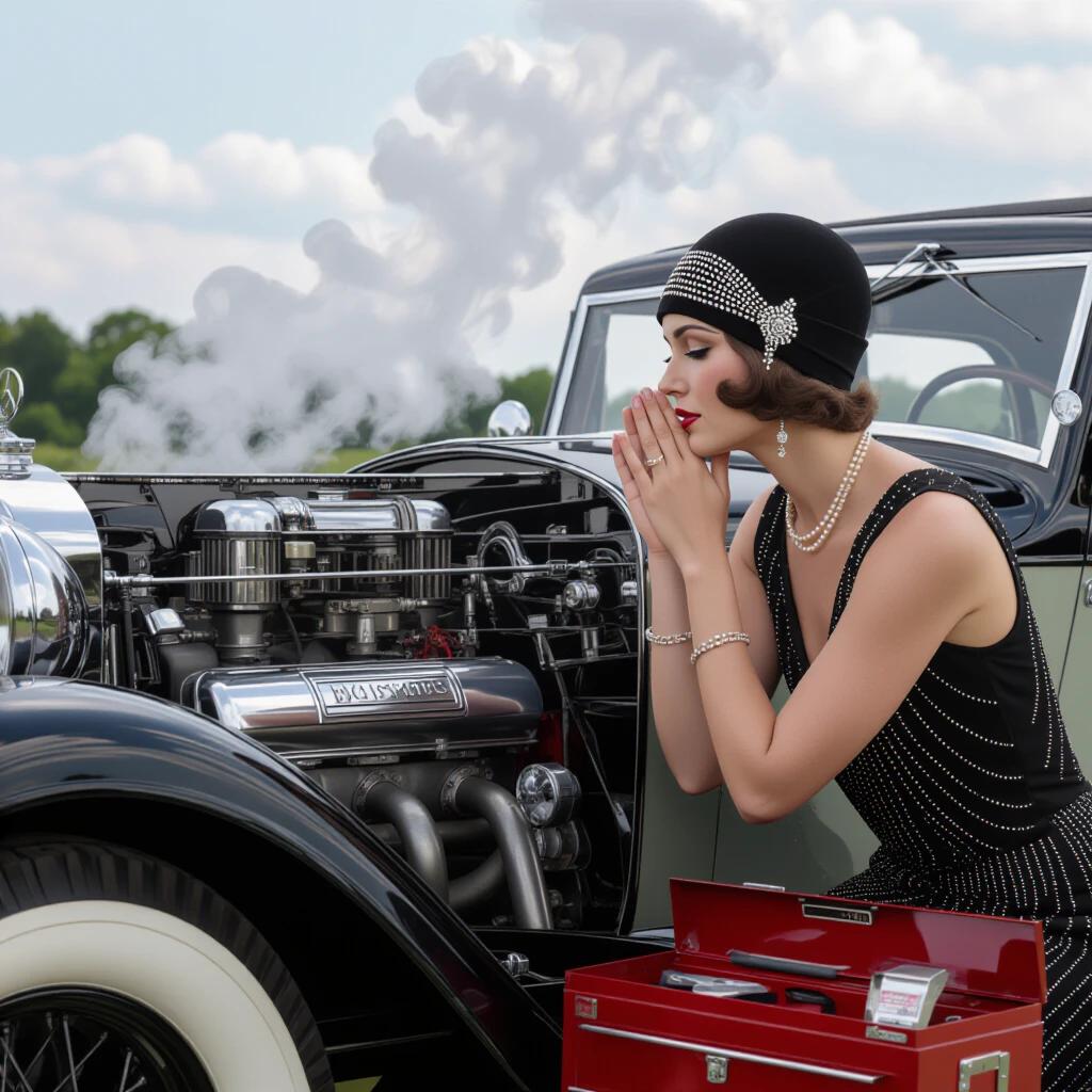 Photorealistic image of an Art Deco socialite in a cloche hat and beaded dress leaning over the fender of a 1928 Mercedes engine. Direct profile view with head tilted down and hands pressed to cheeks while observing the carburetor amidst clouds of steam. The engine is detailed and sharp. Background features blurred mountain pass. Golden hour lighting adds to the scene.