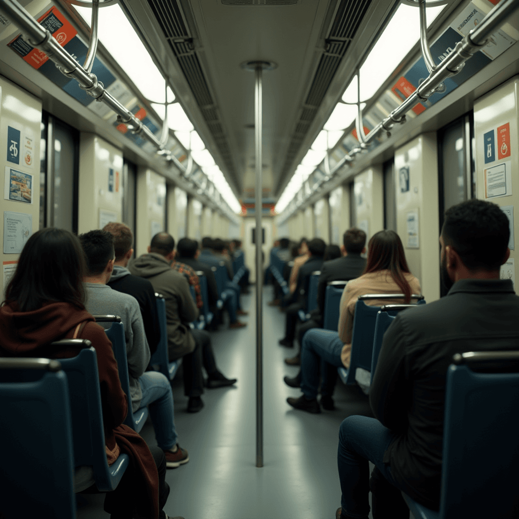 Passengers are seated in two facing rows inside a modern subway train with overhead handles and wall advertisements.