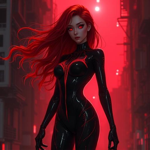 Illustration of female anime character Nyx in a gothic science fiction style. Nyx has vibrant red long hair flowing dramatically. Her skin is translucent with a subtle reddish glow. She wears a sophisticated nanomaterial bodysuit adorned with intricate digital lace patterns. Background features dark dystopian or abstract digital ruins. Strong lighting enhances mystery. Dominant colors are reds contrasted with dark tones.