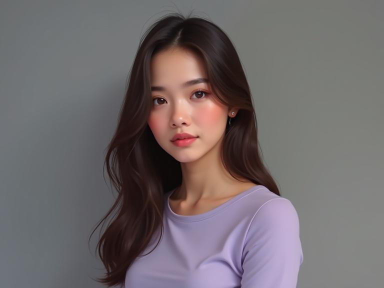 A digital painting shows a young adult female with light skin and dark brown hair. She has dark brown eyes and a neutral expression. Her long hair is parted on the side and falls over her left shoulder. Wearing a light lavender long-sleeved top, she has defined eyebrows, a small nose, and thin lips. Slight blush is on her cheeks. The background is a smooth gradient of gray. The lighting is soft from the upper right, with negative space above her head.