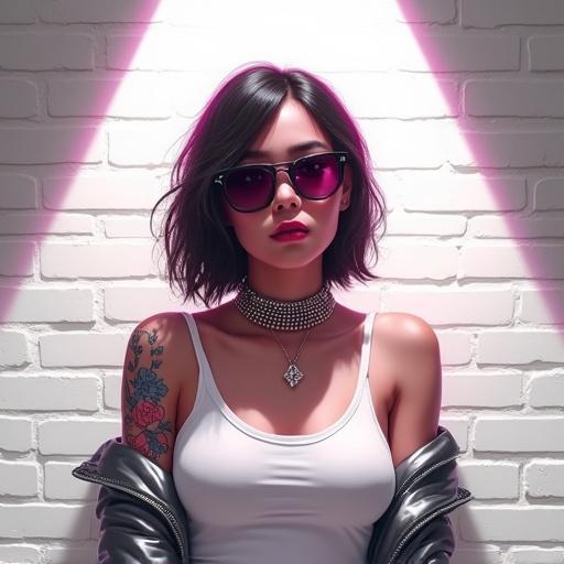 Stylized digital art portrait of a figure with hair wearing sunglasses and a studded choker necklace. Figure has tattoos on their arms and is wearing a white tank top with a metallic silver jacket. Background is a white brick wall with a spotlight casting a bright white beam down. Lighting creates dramatic effect with shadows and highlights on the subject's face and shoulders. Art style combines realistic features with modern edgy aesthetic, rendered in digital painting technique. Composition is centered with figure in middle third. Color palette consists of white, silver, and dark shadows, creating contrast between light and dark.