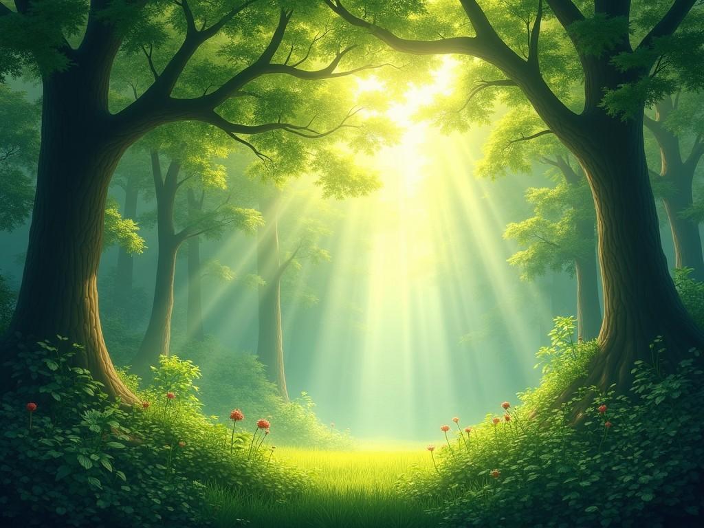 The image depicts a serene forest scene with tall trees bathed in golden sunlight. Rays of light filter through the lush green leaves, creating an ethereal atmosphere. The ground is softly carpeted with grass and dotted with colorful flowers, adding to the enchanting feel. The overall tone is peaceful and inviting, perfect for evoking a sense of calm. It’s a representation of nature's beauty and tranquility, making it a perfect backdrop for relaxation or nature-related themes.