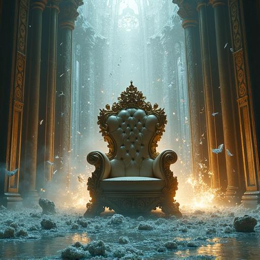 A majestic empty throne floats amidst a frozen explosion of time. Shattered antique clocks and melting gears surround it. Glass shards hang in the air. Waves of time and golden light warp around. The scene has a surreal and dramatic atmosphere, fitting a fantasy concept art style with cinematic lighting and ultra-detailed features.