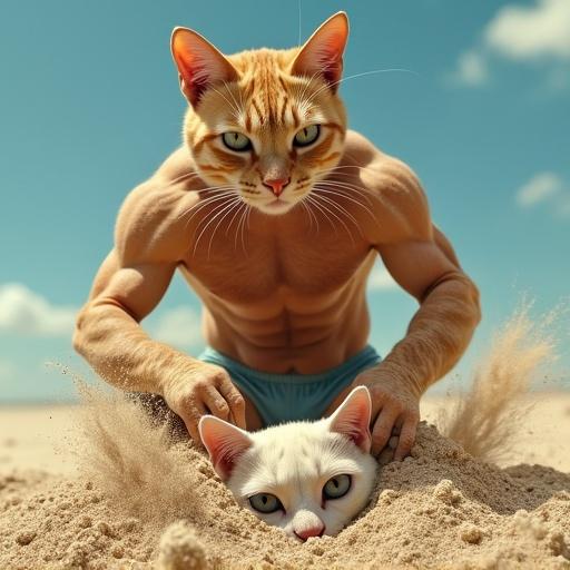 Photorealistic image features an anthropomorphic cat with a bodybuilder's physique in swim trunks. This muscular cat is burying another cat in sand, leaving only its head visible. The muscular cat has well-defined abs and bulging arms. He enthusiastically piles sand while the other cat looks annoyed. Sand is flying due to the motion of the powerful paws.