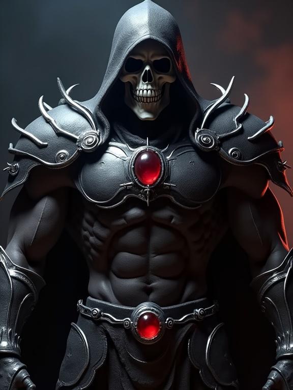 CGI image of muscular armored figure with hood and skull face. Features dark metallic armor with intricate designs and large red gem in chest. Background is dark smoky gradient. Confident pose with stern expression.