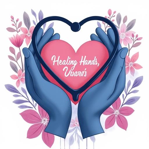 Design features two hands holding a heart-shaped stethoscope in navy blue. Surrounding flowers in pastel pink, lavender, and white. Text reads 'Healing Hands, Caring Heart' in cursive white font. Transparent background with watercolor texture. High resolution.