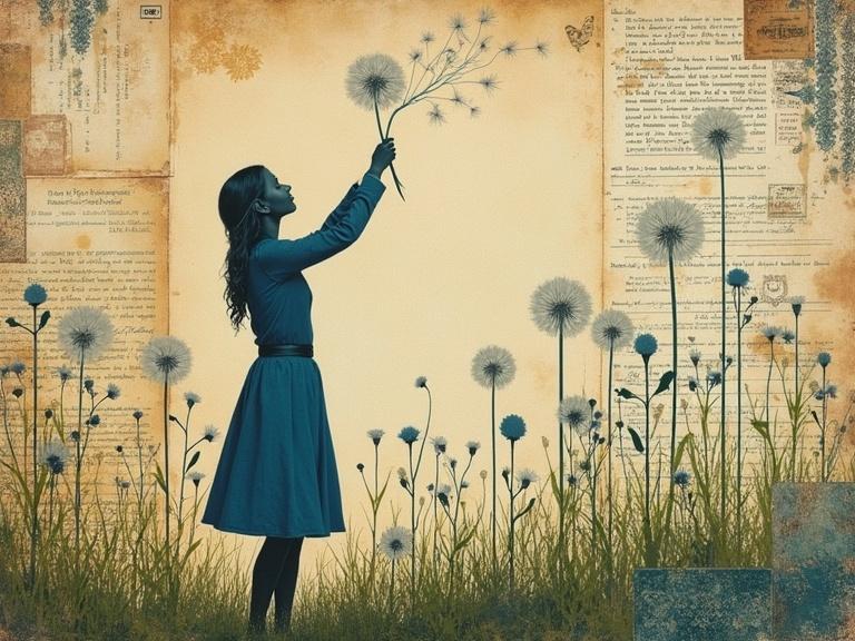 Mixed media artwork shows a silhouette in blue on a textured collage background with old papers and patterns. The figure extends one arm with fluffy white flowers, symbolizing aspiration. The background has faded text, botanical illustrations, and lace patterns for a layered look. Colors include warm tones and cool blues and greens, evoking nature and memory.