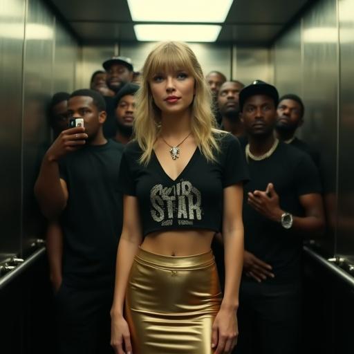 Scene in a crowded elevator with an attractive woman with long blonde pigtails. Woman wears a tight black t-shirt with 'IR STAR' and a short gold miniskirt. She poses for selfies surrounded by men in black attire. Emphasis on fashion and celebrity culture.