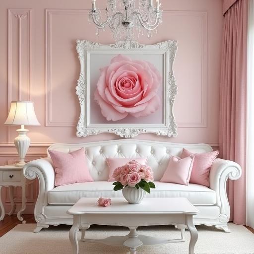 A light pink and white shabby chic living room features cream accents. There is a crystal chandelier hanging above. On the coffee table, there are light pink roses in a vase. A pink rose painting is displayed on the wall within a white rococo style frame.