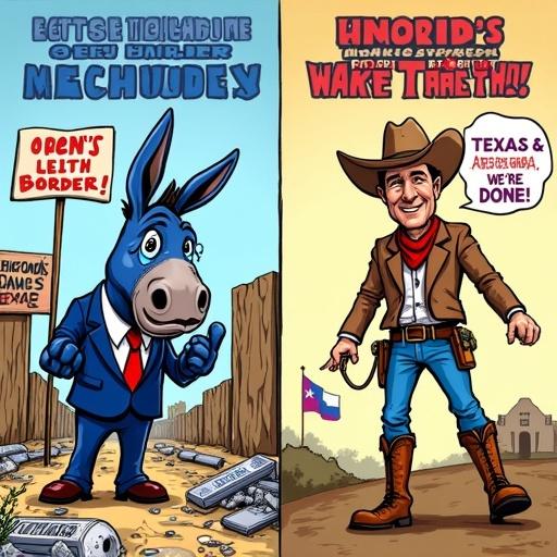 A satirical cartoon meme shows a blue donkey in a suit crying dramatically on the left, holding a sign ‘Save the Border!’. A chaotic border scene with a broken fence and signs is in the background. The right side features a confident Texas cowboy with a lasso, a ballot box labeled ‘Trump 312-226’, proudly declaring ‘TX Sees the Truth!’. Background includes a waving Texas flag and outlines of the Alamo. Bold text at the top reads ‘LEFT’S LIE MACHINE: “OPEN BORDERS!”’ and bottom says ‘TEXAS & AMERICA: “WE’RE DONE.” #AmericaFirst’