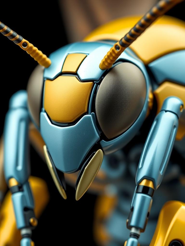 The image showcases a highly detailed and futuristic robotic wasp, with a sleek metallic design. The main body features a blend of vibrant turquoise and gold, giving it a dynamic and modern appearance. The focus is on the head and thorax, with intricate details highlighting the cybernetic nature of this imagined insect.