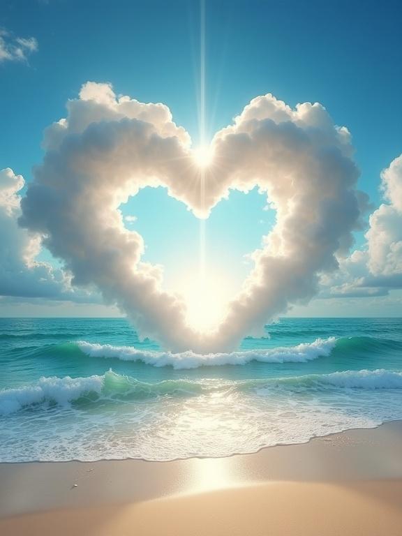 Surreal image of a heart-shaped cloud over the ocean. Sun shines through the opening. Gentle waves on the shore reflect light. Sky is clear with light clouds. Scene evokes love and tranquility.