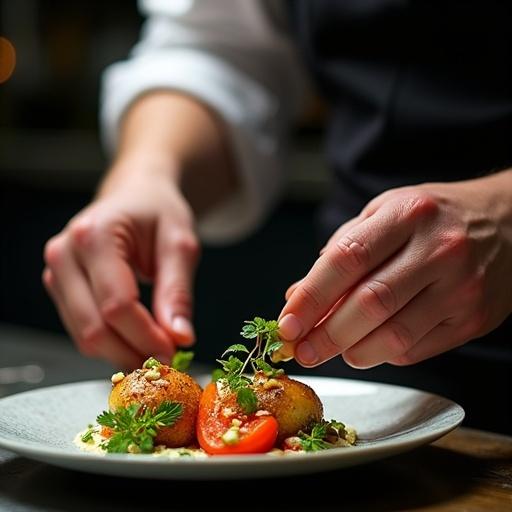 Chef preparing a gourmet dish in a restaurant setting. Focus on hands and food presentation. Emphasis on culinary artistry and innovation.