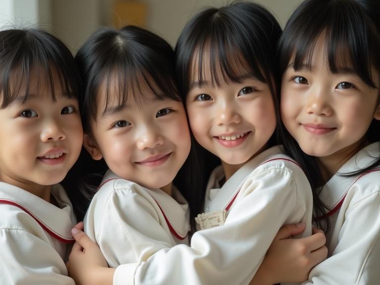 A realistic photograph featuring beautiful Japanese female children hugging each other in a kindergarten uniform surrounded by warm soft lighting. Notable features include pale white skin, ultra-detailed skin texture, and a cinematic composition, captured with an 85mm lens.