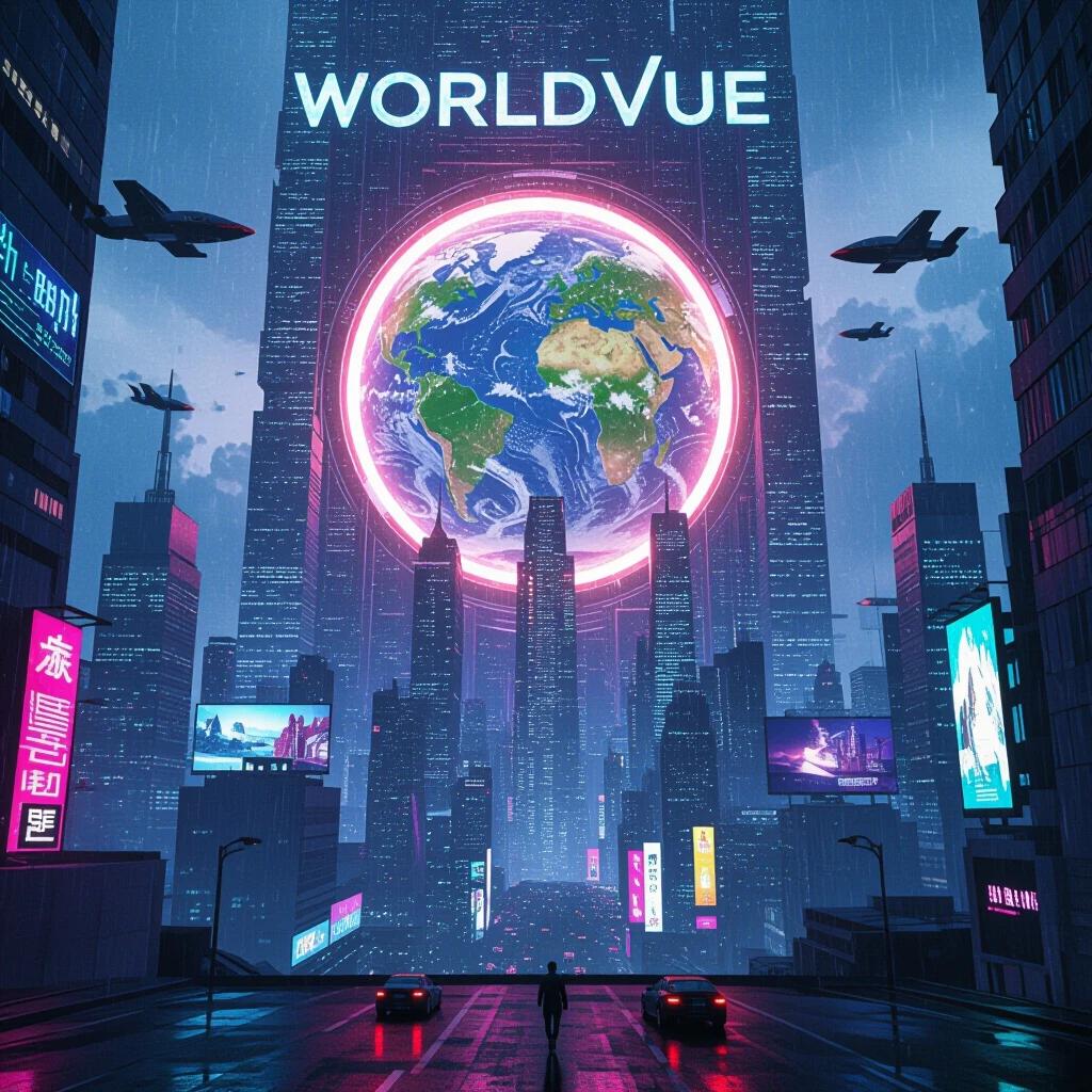Futuristic city skyline with text WorldVue. Colossal glowing portal in the sky showcasing Earth. Urban environment filled with neon lights. Flying vehicles above tall skyscrapers. Rainy atmosphere creating a vibrant and energetic scene. Highly detailed concept art in 8K resolution.