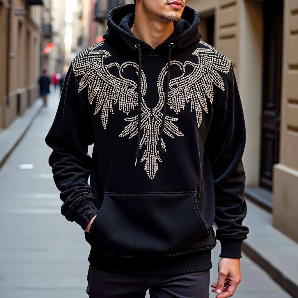 Hoodie featuring a rhinestone and velvet pattern. Stylish urban setting with narrow streets. Man wearing the hoodie. Focus on design elements of the hoodie. Fashionable look.