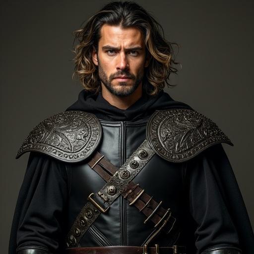 A man wears a black leather medieval warrior outfit with ornate embossed shoulder armor. He has a belt with weapons. The man has an angular face with sun-kissed skin and hazel-green eyes. His hair is wavy, dark with blonde highlights. His expression is calm and stern.