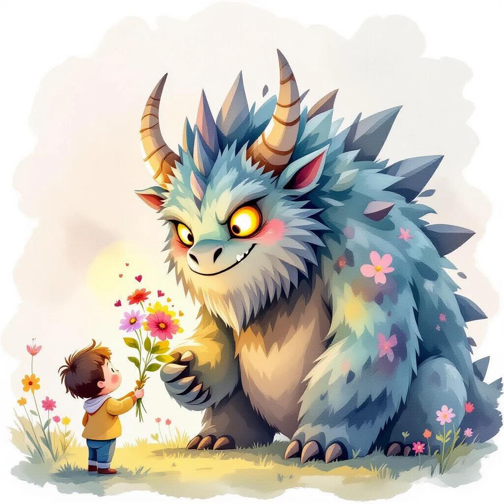 A huge spiky beast with glowing eyes offers flowers to a child. The beast looks scary but is gentle and kind. The artwork is a soft watercolor style with light washes of color and pastel tones. It has warm expressions in a storybook illustration style.