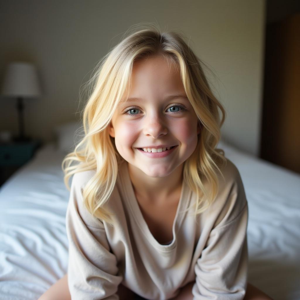 Young blonde girl with blue eyes smiling on a bed. She wears a shirt. Room has natural light and a cozy feel.