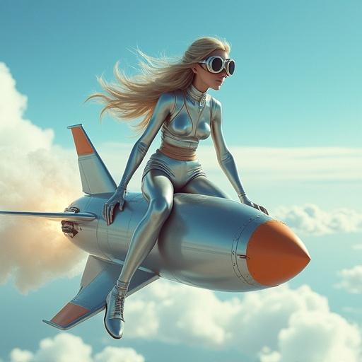 Fantasy girl with silver skin and long hair wearing aviator goggles sitting on a missile in the sky.