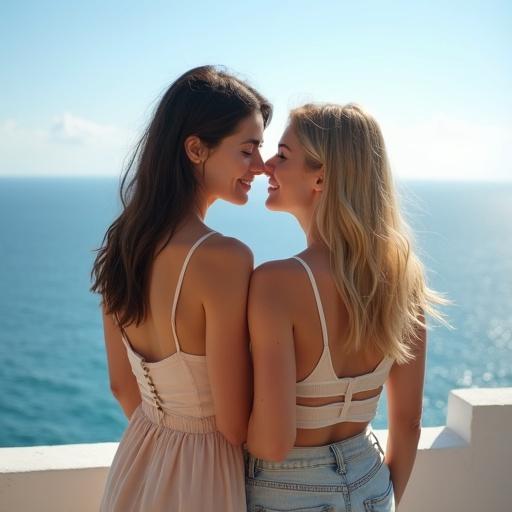 Two smiling women standing on a balcony overlooking the ocean. One woman has dark hair and is casually dressed, the other has blonde hair and is in a professional outfit.