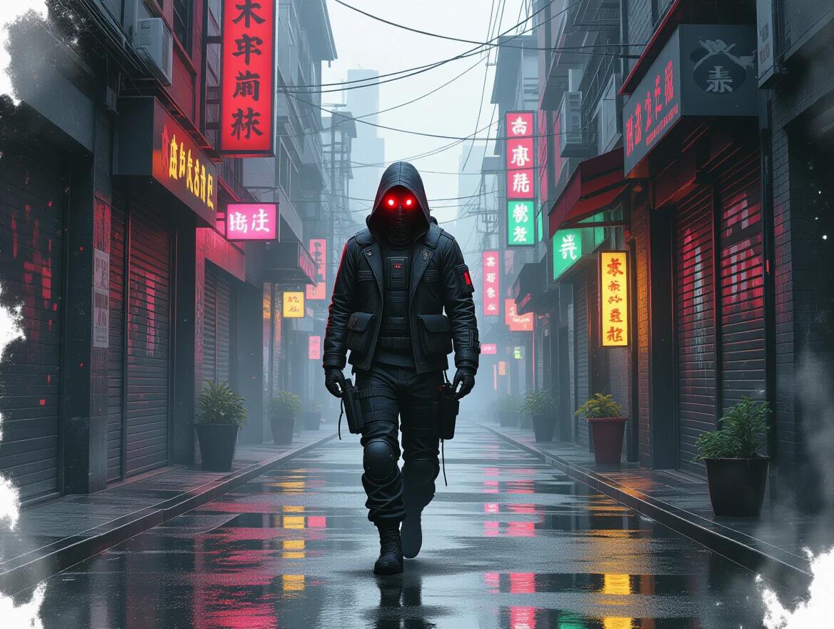 A cybernetic nomad stands mid-stride in an alley. Glowing red implants shine against black sumi-e lines. Neon signs flicker in the background creating a cinematic tension. The figure positioned in the lower left third of the image. Ink-splattered surroundings enhance the atmosphere.