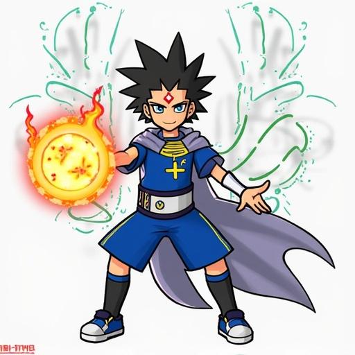 Inazuma Eleven character with magical powers. Character is young with spiky hair wearing a blue outfit and cape. Character is holding a glowing orb and has a magical aura around.
