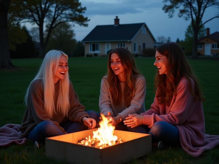 Photograph shows three young women around a fire pit. They are laughing and wearing cozy clothing. The fire glows warmly in a grassy backyard. There are trees and houses in the background. The setting is peaceful and inviting, under a starry night sky.