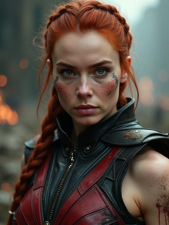 A hyper-realistic portrait of a warrior in a dark crimson and black armored outfit. Intense facial expression with green eyes. Fiery red hair is in a braid. The battle-worn appearance is highlighted with dirt and subtle war paint. The background is atmospheric with smoke and shadows.