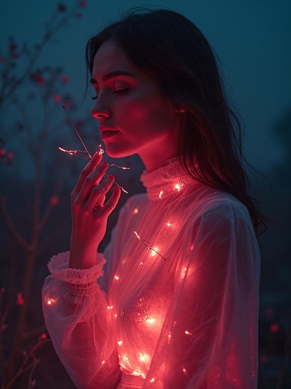 A portrait of a woman in a sheer dress illuminated by glowing lights. Background illuminated in soft blue hues. Focus on the expression and the light.