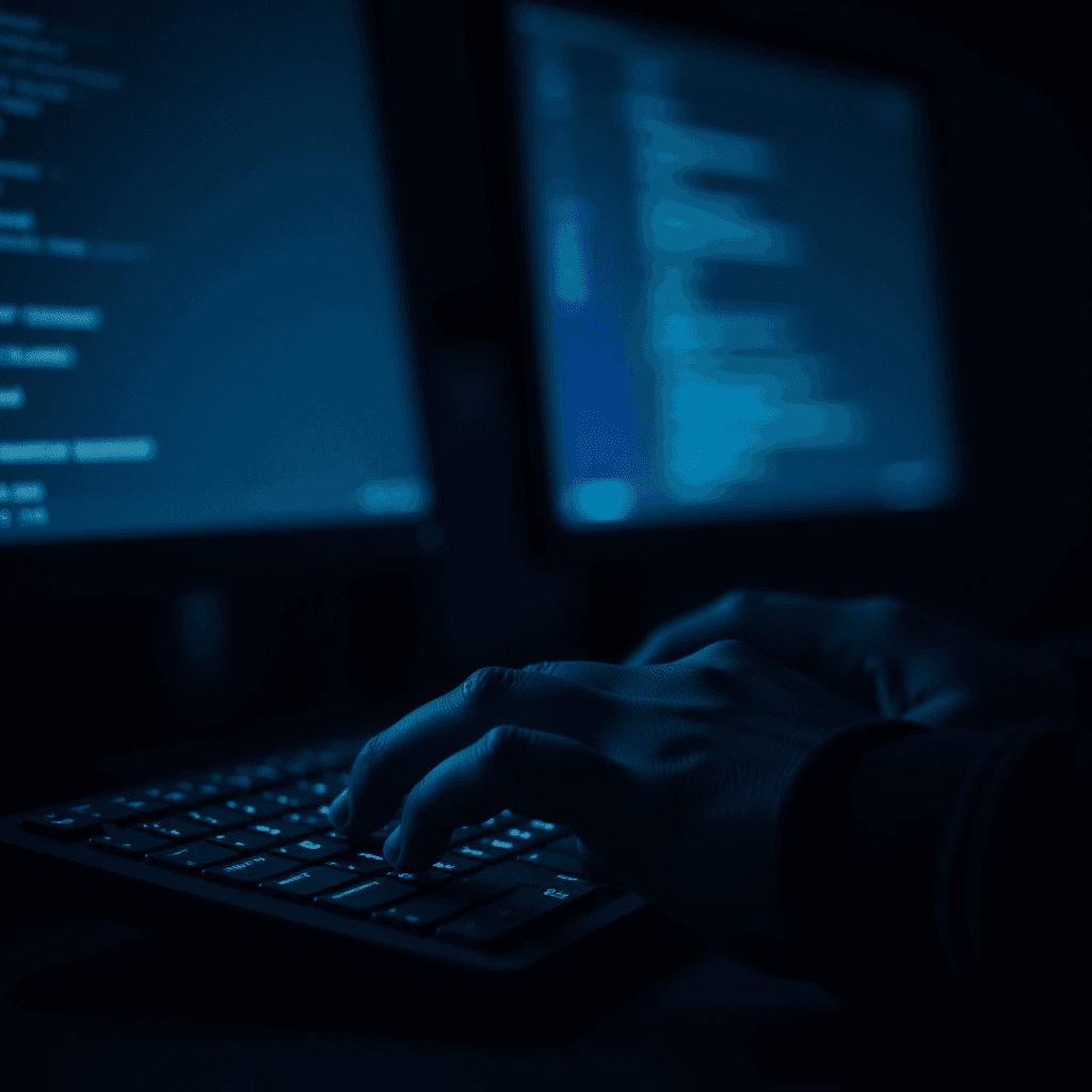 A pair of hands typing on a keyboard in a dimly lit room with monitors displaying lines of code.