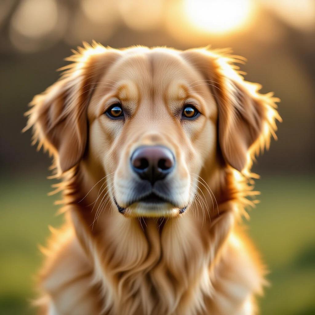 Sharp close-up portrait of a golden retriever dog. Focus on the dog's face. Background is creamy bokeh blur. Soft natural lighting used. Taken with 85mm DSLR lens.