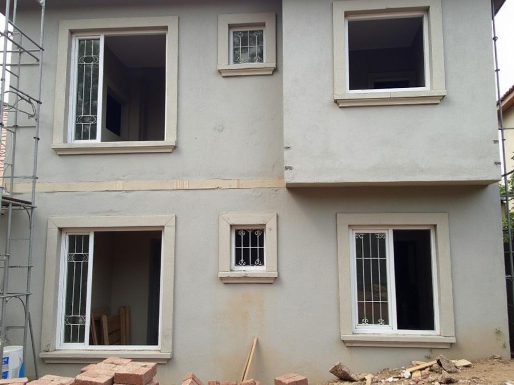 The image shows an unfinished building under construction. The exterior appears to be in a raw state with gray walls and several windows without glass. There are scaffolding and wooden planks visible, indicating ongoing work. A couple of windows are equipped with decorative grilles, suggesting they will be detailed later. The surroundings are somewhat cluttered with materials typically found at a construction site, such as bricks and wood.