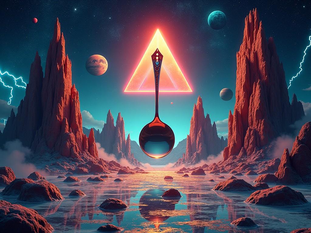 Artwork for a space rock album entitled "ELECTROSPOON." The image features a surreal landscape with towering, jagged rock formations set against a starry cosmic background. A glowing triangle illuminates the scene, surrounded by vibrant lightning bolts and planets drifting in the dark sky. In the center, a large, shiny spoon dangles, reflecting the otherworldly light. The colors blend from deep blues to bright oranges, creating an electrifying atmosphere. The overall vibe is psychedelic and futuristic, capturing the essence of space exploration and musical energy.