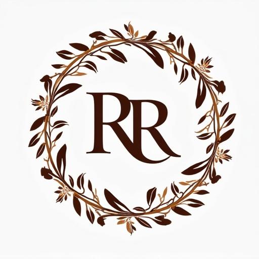 Floral decorative logo featuring the intertwined letters RR within a circular wreath made of leaves and flowers.