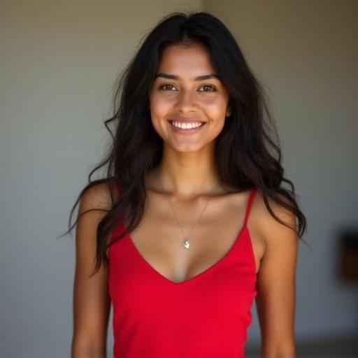 Create an image of a beautiful 21-year-old Indian girl wearing a red v neck camisole tank top smilingly looking in front of camera. Image size 1200 x 628 px.