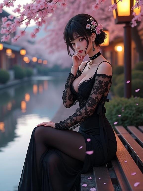 A woman seated on a wooden bench by a gentle river in Kyoto's Philosopher's Path. She has an anime-inspired aesthetic, wearing an elegant black lace dress. Cherry blossoms fall around her as lanterns glow warmly. The atmosphere is serene and dreamlike.