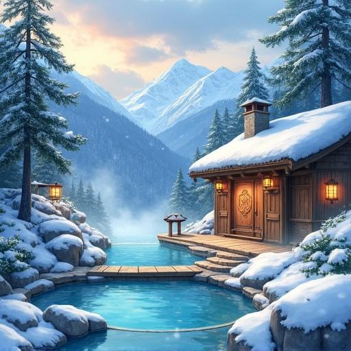 Watercolor painting depicting natural hot springs in snowy mountains. Scene includes steaming pools, smooth rocks, wooden walkways, warm light from lanterns, pine trees dusted with snow, and a carved wooden bathhouse. Snow gently falls creating a serene magical atmosphere.