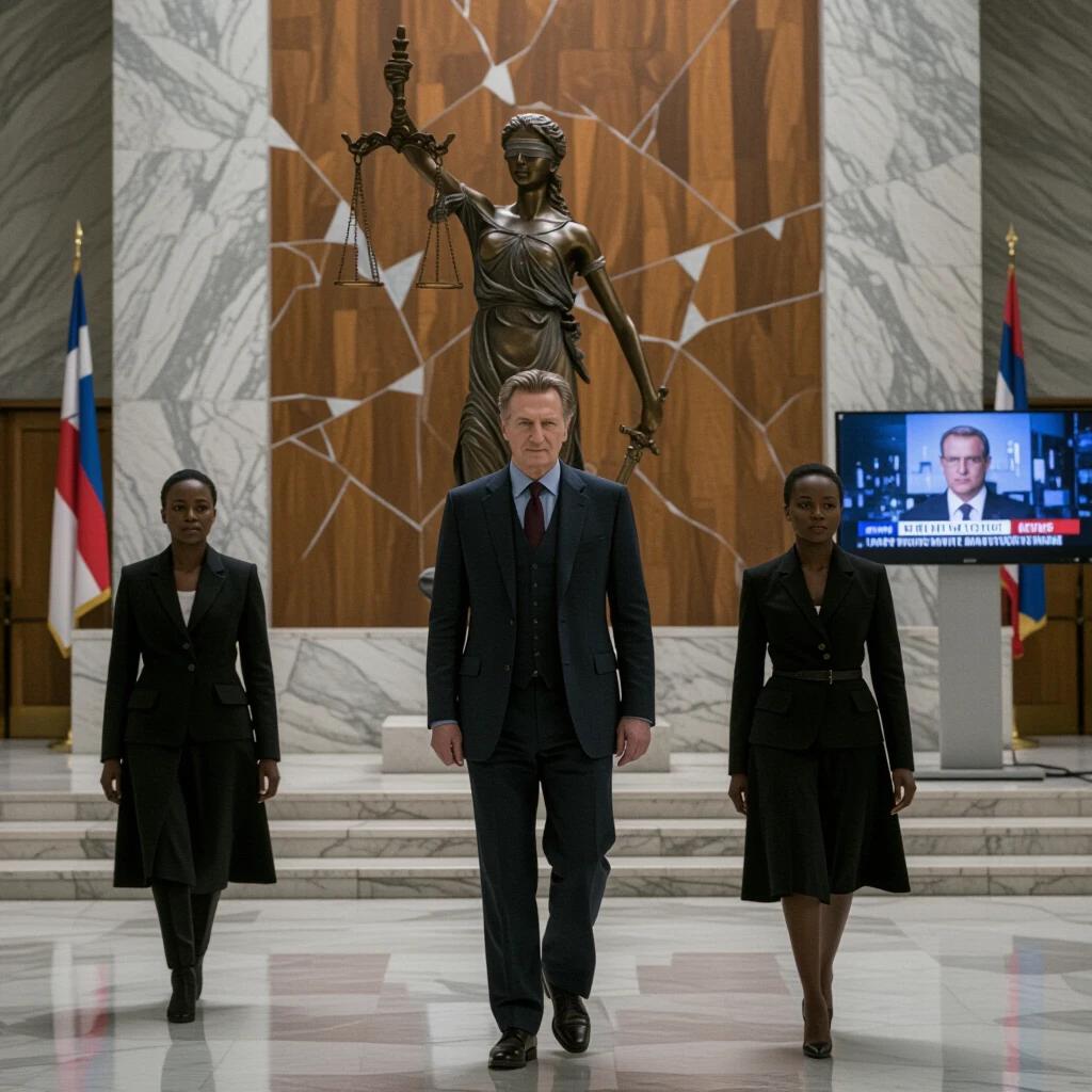 War crimes prosecutor facing vengeful past in courtroom. Justice statue cracked in background. Flags show political unrest. Lupita Nyong'o in silhouette. Ralph Fiennes on news broadcast. Serious courtroom atmosphere with daylight shadows.
