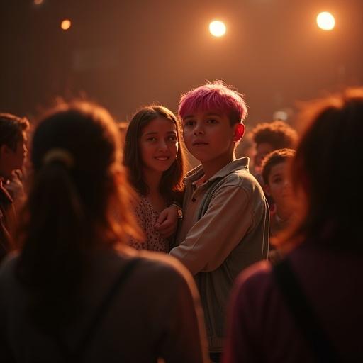 Emotional movie poster for a heartfelt film. Scene backstage at a high school theater after a play. A crowd congratulates the cast. In center, a 10-year-old boy shorter than average with facial deformity and hearing aids looks surprised. Behind him, a high school girl with pink hair smiles gently, hands on his shoulders. Surrounding crowd is softly blurred. Warm, dramatic lighting creates an inspiring mood. Space at the bottom for text.